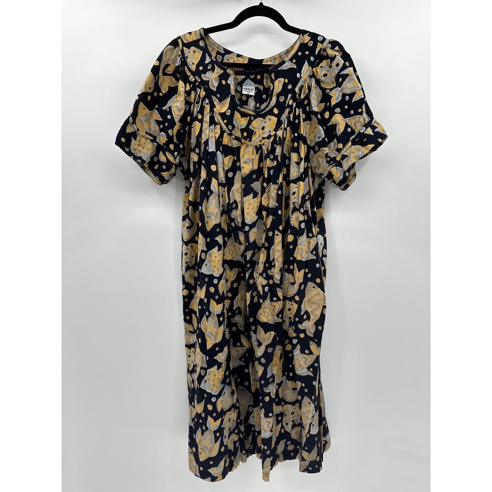 Naqui 100% Cotton Maxi Dress Fish Novelty Print Navy Blue Yellow MuuMuu XL
